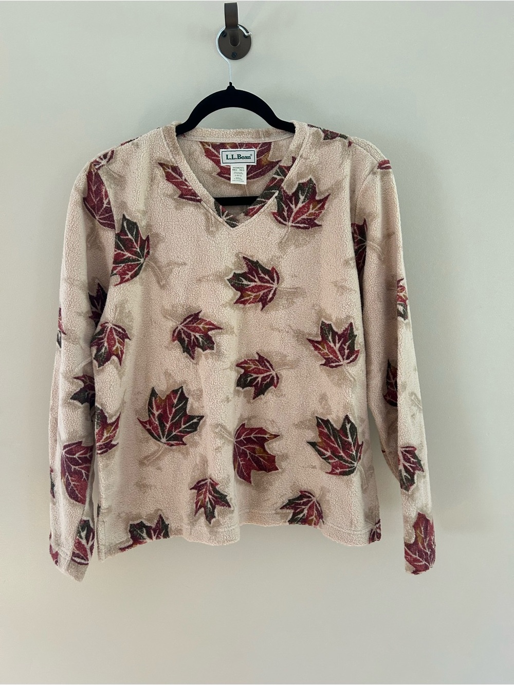 Vintage L.L. Bean Beige Fleece with Red & Green Leaf Print